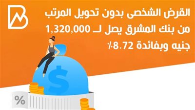القرض الشخصى بدون تحويل المرتب من بنك المشرق يصل لــ 1,320,000 جنيه وبفائدة 8.72%