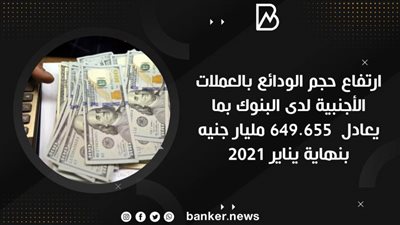 ارتفاع حجم الودائع بالعملات الأجنبية لدى البنوك بما يعادل  649.655 مليار جنيه بنهاية يناير 2021