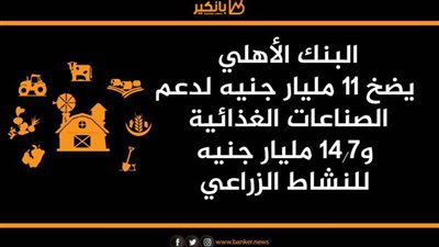 انفوجرافيك | البنك الأهلي يضخ 11 مليار جنيه لدعم الصناعات الغذائية و  14.7 مليار جنيه للنشاط الزراعي