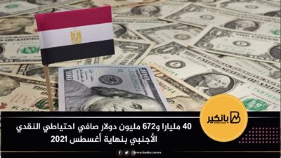  40 مليارا و672 مليون دولار صافي احتياطي النقدي الأجنبي بنهاية أغسطس 2021