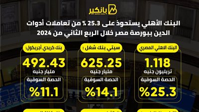 البنك الأهلي يستحوذ على 25.3% من تعاملات أدوات الدين ببورصة مصر خلال الربع الثاني من 2024